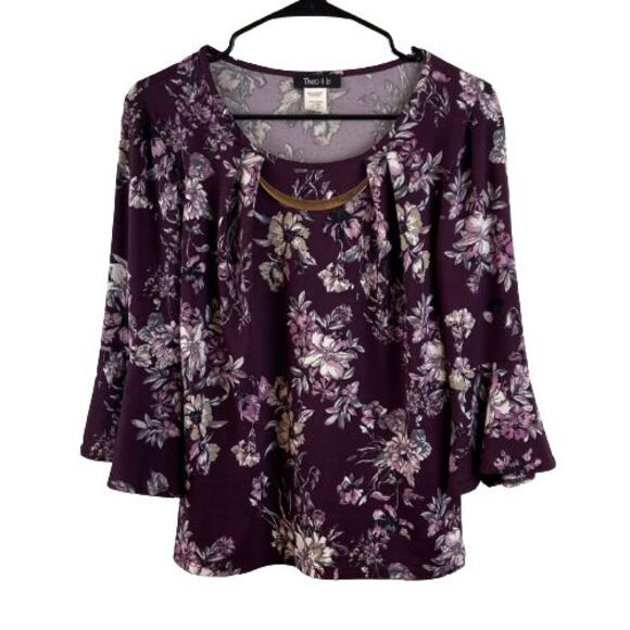 Theo & B Top Womens Medium 3/4 Sleeve Purple Floral Blouse - Picture 1 of 4